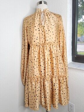 LICHI Polka Dot Tiered Long Sleeve Dress Beige with Black Dots S.